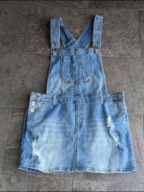 Tinseltown Light Blue Distressed Denim Overall Mini Skirt